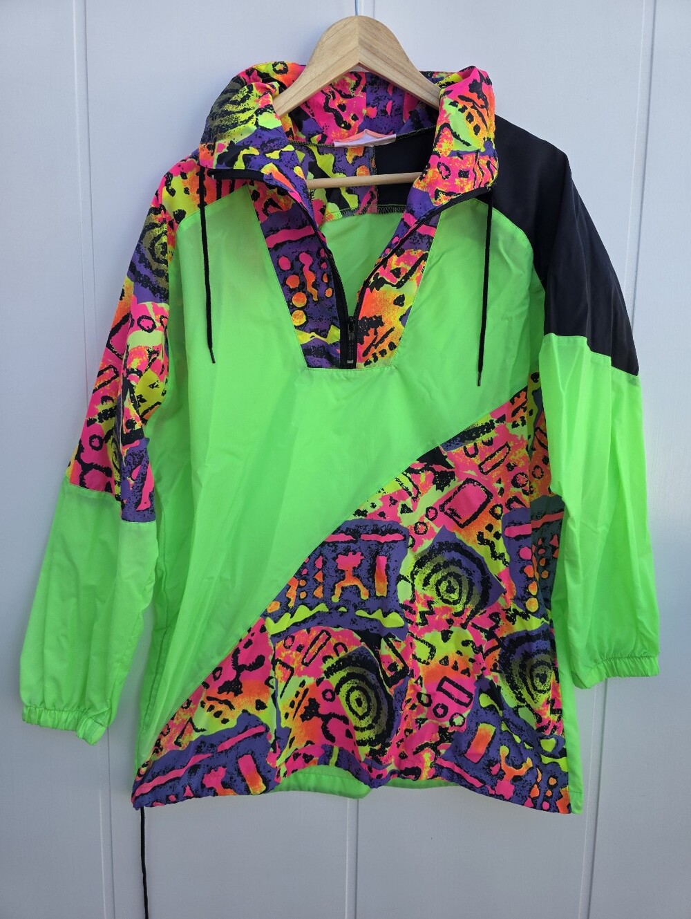 Action Gem Retro 90s Neon Green Multicolor Anorak Nylon Jacket Unisex Large